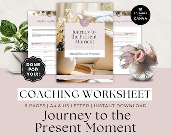 Hojas de trabajo de Mindset Coach, Plantilla de libro de trabajo de coaching hecho para usted, Sesión de cliente, Atención plena y presencia, Técnicas de conexión a tierra, Canva