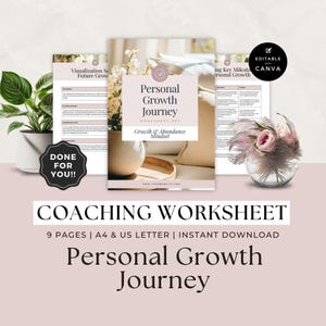 Coaching Session Worksheet, Life Coach Workbook, Personal Growth Journey Roadmap, Visualization Script, Tools and Resources, Canva Template