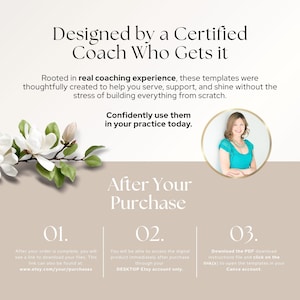May include: A digital product instruction graphic featuring white text on a beige background. It includes a photo of a person in a teal top, a white magnolia branch, and three numbered steps explaining the download process for Etsy templates.