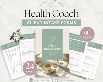 May include: A set of 24-page health coach client intake forms in a sage green and white colour scheme. The documents feature text including Health Coach Client Intake Forms, Your Ultimate Guide to a Healthier Life, and Bonus Gift. Includes A4 and US Letter sizes.