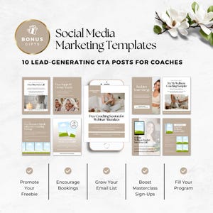Peut inclure: Ensemble de mod&egrave;les de marketing num&eacute;rique pour coachs, comprenant 10 publications d'appel &agrave; l'action g&eacute;n&eacute;ratrices de prospects. La conception comprend une maquette de smartphone, diverses mises en page de brochures et le texte "Social Media Marketing Templates".