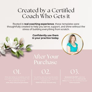 May include: A digital product advertisement with text that reads "Created by a Certified Coach Who Gets it." The image includes a woman in a gold-framed circle, a floral arrangement, and instructions for accessing the product after purchase.