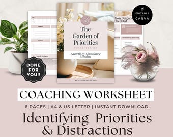 Coaching Session Worksheet for Priorities and Distractions, Done For You Life Coach Content, Self Reflection Prompts, Canva Template