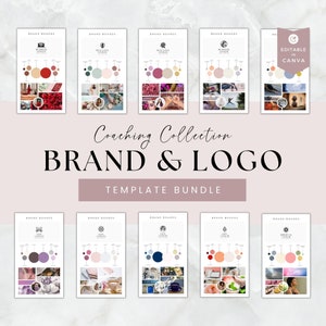 21 Paquete de plantillas de logotipo de coaching y tablero de marca, marca empresarial, diseño de logotipo de bricolaje, tablero de estado de ánimo de entrenador de vida, paleta de colores femenina, Canva