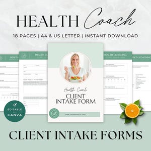 Intagningsformulär för hälsocoach, introduktionsformulär för klienter, ifyllbart PDF-formulär, kostcoachning, konsultation, hälsoföretag, Canva
