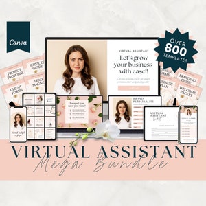 Pacchetto modelli assistente virtuale, Canva, modelli VA, social media, prezzi, contratto, fattura, portfolio, kit di branding, onboarding, logo