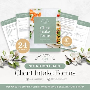Modulo di assunzione del consulente nutrizionale Modello di accordo modificabile con il cliente Moduli di coaching sanitario Valutazione dello stile di vita benessere Download immediato di Canva
