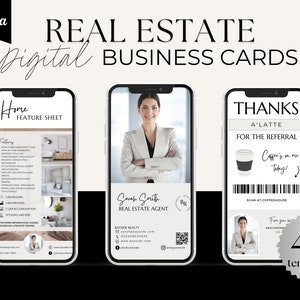 Digitaal visitekaartje makelaar, onroerend goed, makelaars, QR-code, bedankkaart kleine bedrijven, cadeaukaart digitale koffie, canvassjabloon, tekst