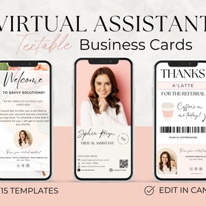 Cartão de visita digital para assistente virtual, código QR, cartão de agradecimento para pequenas empresas, download digital, vale-presente digital para café, modelo Canva