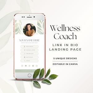 Szablon strony docelowej z linkiem w bio dla trenerów wellness, jednostronicowa witryna Canva, link do bio na Instagramie, strona szybkich linków, alternatywa dla Linktree