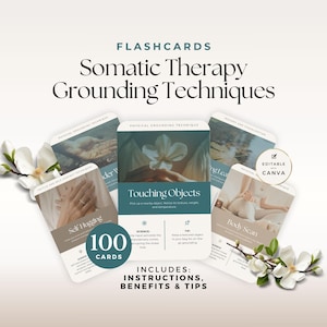 Puede incluir: Un juego de 100 tarjetas didácticas sobre técnicas de conexión a tierra de terapia somática con instrucciones, explicaciones científicas y consejos. Las tarjetas muestran prácticas como Touching Objects, Self-Hugging y Body Scan con un sello de Canva.