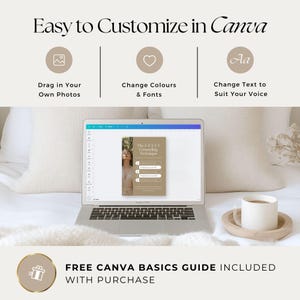 Puede incluir: Una pantalla de port&aacute;til muestra una plantilla de dise&ntilde;o de Canva titulada The 5-4-3-2-1 Grounding Technique. Arriba, el texto Easy to Customize in Canva con iconos de fotos, colores y fuentes. Abajo, Free Canva Basics Guide Included With Purchase.