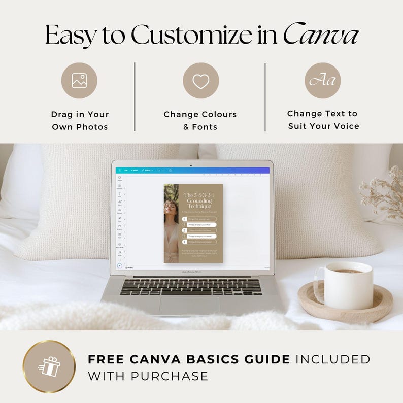 Puede incluir: Una pantalla de port&aacute;til muestra una plantilla de dise&ntilde;o de Canva titulada The 5-4-3-2-1 Grounding Technique. Arriba, el texto Easy to Customize in Canva con iconos de fotos, colores y fuentes. Abajo, Free Canva Basics Guide Included With Purchase.