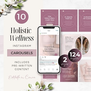 Può includere: Un set di modelli di marketing digitale per caroselli Instagram con 10 temi di benessere olistico e 124 modelli totali. Il design utilizza una tavolozza di colori malva e bianco con sovrapposizioni di testo, tra cui 10 Holistic Wellness Instagram Carousels.