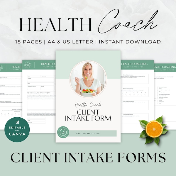 Health Coach Intake Form, Client Onboarding Questionnaire, PDF Fillable Form, Nutrition Coaching, Consultation, Wellness Business, Canva