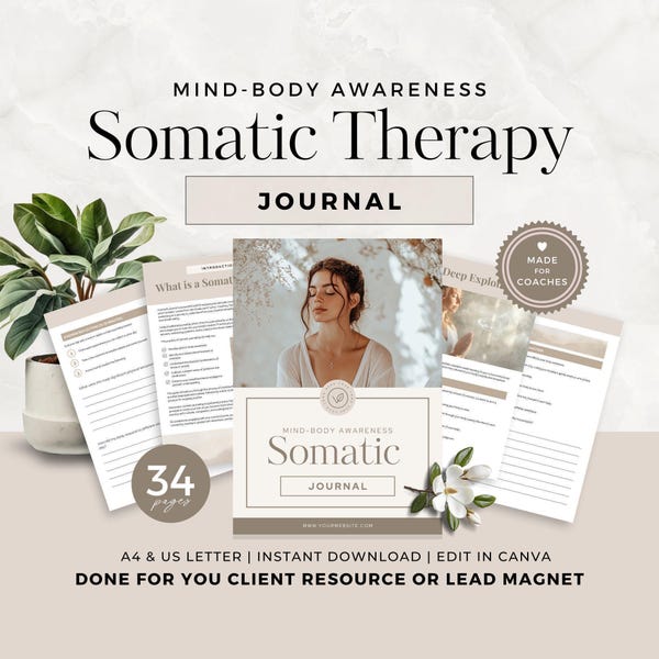 Somatic Journal bewerkbare canva-sjabloon, werkboek lichaamsbewustzijn voor coaches, genezers en welzijnsbeoefenaars, genezing van verbinding tussen lichaam en geest