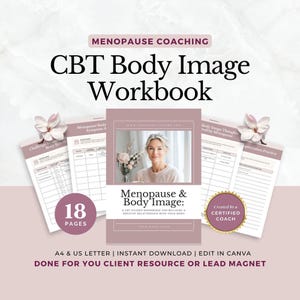 Plantilla de Canva para el cuaderno de trabajo sobre la perimenopausia y la menopausia, hojas de trabajo de imagen corporal para terapia cognitivo conductual, diario de amor propio editable para coaches y programas de bienestar.