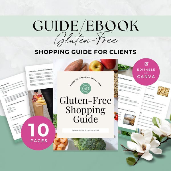 Glutenfreier Einkaufsführer, Ernährungscoach E-Book, Gesundheit und Wellness Bleimagnet, Done For You Kundenressourcen, Handout, Canva Vorlage