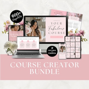 May include: A digital course creator bundle featuring 600+ templates displayed on a computer monitor, laptop, tablet, and smartphone. The screens show pink and white layouts with text including Your Fabulous Course, Lead Magnet Templates, and Course Workbook.