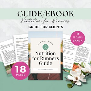 Könnte beinhalten: Ein digitaler Ernährungsratgeber für Läufer mit 18 Seiten Inhalt. Das Cover zeigt den Text Nutrition for Runners Guide und Introduction to Nutrition. Ein rosa Kreis weist darauf hin, dass es mit Canva bearbeitbar ist. Weiße Blumen sind zu sehen.