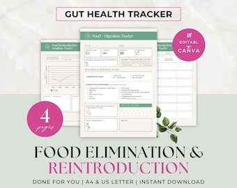 Rastreador de Sintomas de Saúde Intestinal para Nutricionistas, Ferramentas de Coaching de Saúde, Dieta de Eliminação de Alimentos, Digestão, Reintrodução, Material de Apoio, Canva