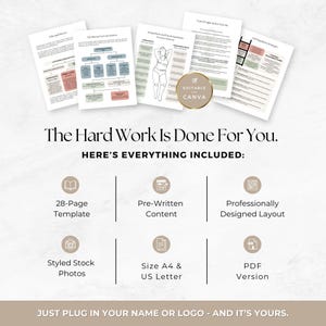 Peut inclure: Image promotionnelle avec des documents et des sch&eacute;mas. Le texte indique "The Hard Work Is Done For You" et "Editable Canva". L'image comprend un mod&egrave;le de 28 pages, du contenu pr&eacute;-&eacute;crit et une mise en page con&ccedil;ue par des professionnels, avec des formats A4 et US Letter.