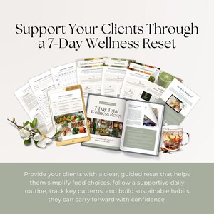 Op de afbeelding: Een open boek en tablet tonen de tekst "7-Day Total Wellness Reset" met ondersteunende documenten. Een kopje thee en een takje witte bloemen zijn ook zichtbaar. De afbeelding bevat de tekst "Support Your Clients Through a 7-Day Wellness Reset."