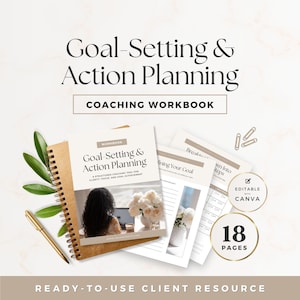 Może przedstawiać: Workbook coachingowy zatytułowany "Goal-Setting & Action Planning" ze spiralnym notatnikiem, luźnymi stronami i złotym długopisem. Workbook zawiera tekst "Coaching Workbook" i "Ready-to-use client resource". Workbook ma 18 stron i jest edytowalny w Canva.