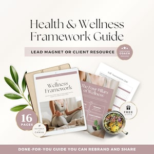 May include: A digital Health & Wellness Framework Guide featuring 16 pages, editable in Canva. The set includes a tablet displaying the Wellness Framework, a printed guide titled The Four Pillars of Wellness, a Self Assessment Quiz, and a cup of tea.