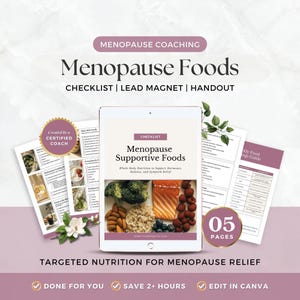 Menopause Foods List Canva Template, Perimenopause Coaching Handout, Editable Women’s Wellness Tool for Hormone Balance & Symptom Support image 1