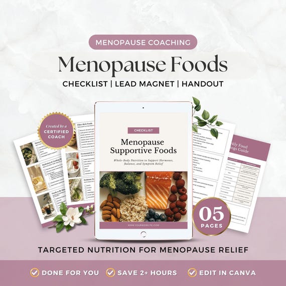 Menopause Foods List Canva Template, Perimenopause Coaching Handout, Editable Women’s Wellness Tool for Hormone Balance & Symptom Support