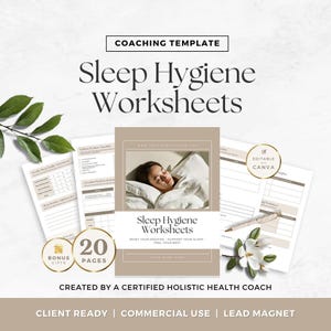 May include: A set of 20-page sleep hygiene worksheets in a coaching template format. The cover features a person sleeping in bed with the text Sleep Hygiene Worksheets, Reset Your Routine - Support Your Sleep - Feel Your Best. Includes editable Canva badge, bonus gifts, and a holistic health coach credit.
