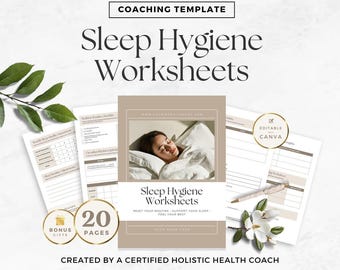 May include: A set of 20-page sleep hygiene worksheets in a coaching template format. The cover features a person sleeping in bed with the text Sleep Hygiene Worksheets, Reset Your Routine - Support Your Sleep - Feel Your Best. Includes editable Canva badge, bonus gifts, and a holistic health coach credit.