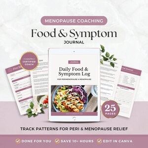 May include: A digital Menopause Coaching Food & Symptom Journal displayed on a tablet screen, surrounded by printed pages featuring daily logs, check-boxes, and text. The cover shows a bowl of salad and the title Daily Food & Symptom Log.