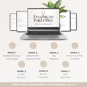 May include: A silver laptop displaying the text Freebie to Paid Offer EMAIL SEQUENCE, surrounded by document pages. Below are seven circular icons labeled Email 1 through 7, detailing steps from Freebie Delivery to 24h Reminder, ending with the text TURN FREE SUBSCRIBERS INTO BOOKED CALLS.