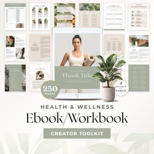 Op de afbeelding: Een digitale gezondheids- en welzijns-ebook en werkboek toolkit met 250 pagina's aan bewerkbare sjablonen. Het display toont een tablet met een voorpagina, omringd door diverse paginalay-outs, een kamerplant en tekstlabels.