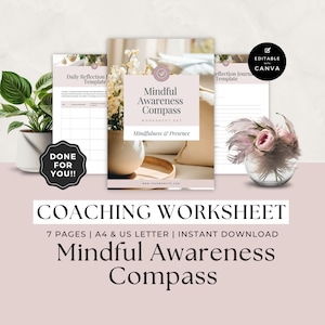 Mindset Coach Worksheets, Done For You Coaching Workbook Template, Client Session, Mindfulness and Presence, Daily Reflection Journal, Canva