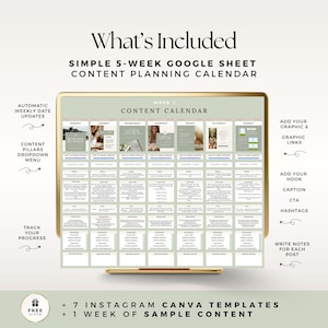 May include: A digital content planning calendar displayed on a screen, featuring a 5-week Google Sheet layout with columns for Monday through Sunday. The grid includes sections for graphics, hooks, captions, CTAs, hashtags, and progress tracking.