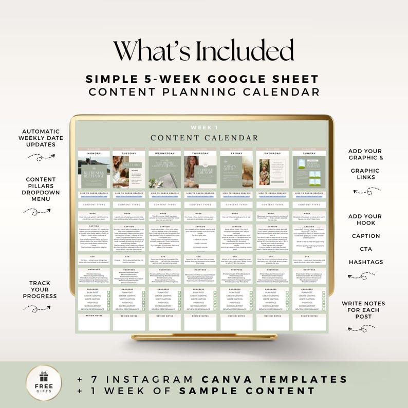 May include: A digital content planning calendar displayed on a screen, featuring a 5-week Google Sheet layout with columns for Monday through Sunday. The grid includes sections for graphics, hooks, captions, CTAs, hashtags, and progress tracking.