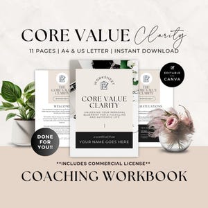 Szablon skoroszytu dla coachingu Done For You, Arkusze ćwiczeń dla coacha życiowego, Sesja klienta, Formularze biznesowe, Kariera, Nastawienie, Jasność podstawowych wartości, Canva