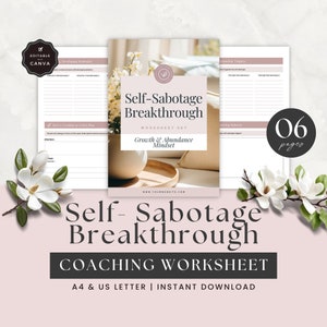 Self Sabotage Coaching Worksheet Template, Life Coach Workbook, Client Session, Self Discovery Tool, Growth Mindset, Done For You, Canva