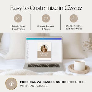 Peut inclure: Un ordinateur portable affiche un mod&egrave;le Canva avec le texte "Polyvagal Theory". L'image comprend des ic&ocirc;nes pour faire glisser des photos, changer les couleurs et les polices, et changer le texte. Une tasse de caf&eacute; est pos&eacute;e sur un dessous de verre en bois. Le texte indique "Easy to Customize in Canva."