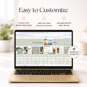May include: A laptop screen displaying a digital content calendar in Google Sheets with a sage green color scheme. The interface includes text fields for weekly start dates, photo uploads, and content planning, with a color selection menu visible.