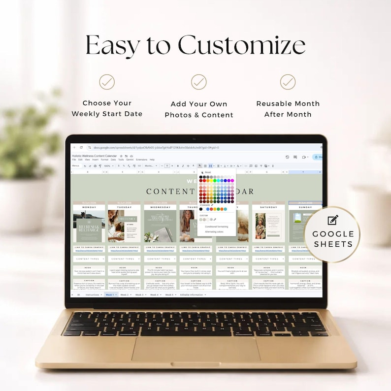 May include: A laptop screen displaying a digital content calendar in Google Sheets with a sage green color scheme. The interface includes text fields for weekly start dates, photo uploads, and content planning, with a color selection menu visible.