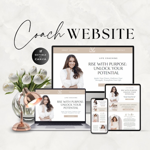 Canva Website Template for Coach, Clean Simple, Business, Service, Done For You, Coaching Program, Courses, One Page, Minimal Design, Boho