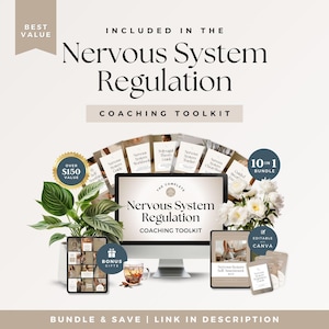 Puede incluir: Un kit de herramientas de coaching para la regulaci&oacute;n del sistema nervioso que incluye un monitor de computadora, una tableta y gu&iacute;as impresas. La pantalla muestra el t&iacute;tulo, una insignia de paquete 10 en 1, iconos de regalo y etiquetas Canva.