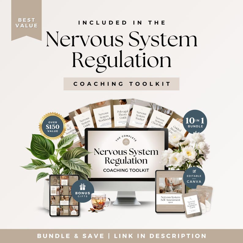 Puede incluir: Un kit de herramientas de coaching para la regulaci&oacute;n del sistema nervioso que incluye un monitor de computadora, una tableta y gu&iacute;as impresas. La pantalla muestra el t&iacute;tulo, una insignia de paquete 10 en 1, iconos de regalo y etiquetas Canva.