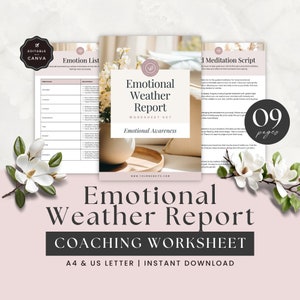 Emotional Intelligence Coaching Worksheet, Emotion List, Guided Meditation Script, Client Session Exercise, Done For You, Canva Template