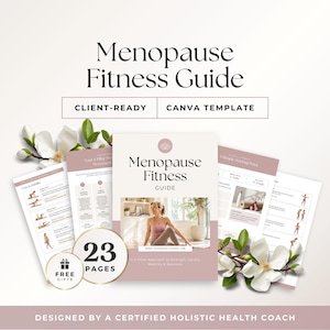 May include: A digital fitness guide template titled Menopause Fitness Guide, featuring 23 pages of exercise routines. The document includes sections on strength, cardio, mobility, and recovery, with a soft pink and white color scheme and floral accents.