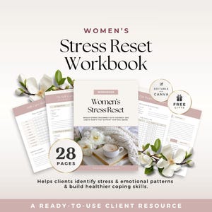 Könnte beinhalten: Ein 28-seitiges Stress Reset Arbeitsbuch mit einem Cover, das eine Kaffeetasse und weiße Blumen zeigt. Die Seiten enthalten Selbstpflege-Audits, tägliche Reset-Tracker und Reflexionsfragen. Das Design verwendet eine sanfte rosa-weiße Farbpalette.